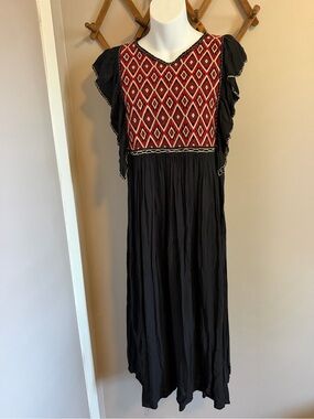 Vintage Embroidered Boho Mexican Huipil Black Red Midi Dress L